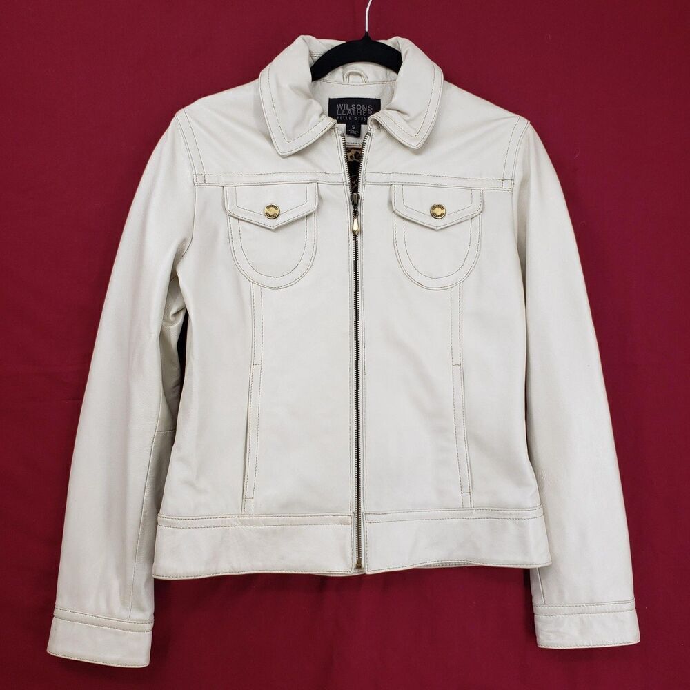 Wilsons Leather Pelle Studio Jacket Womens Small Ivory Genuine Leather Zip Front
